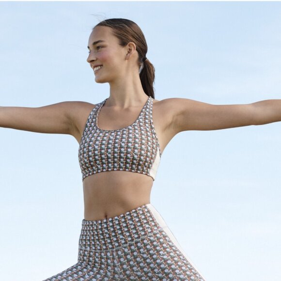 EUC Tory Burch Printed Side Stripe Racerback Sport Bra Women's Large Workout - Picture 5 of 13